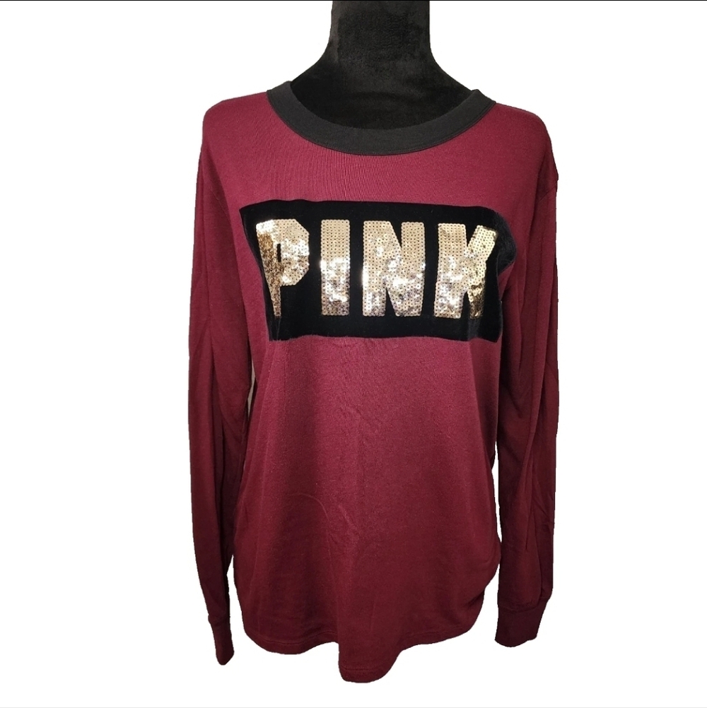 Victoria Secret PINK Sz S Long Sleeve Blouse  Gold Sequin Burgundy Cozy Y2K